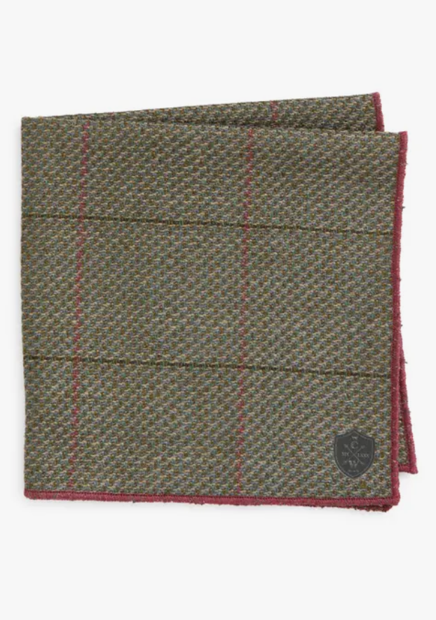 Olive and Burgundy Plaid Wool Pocket Square