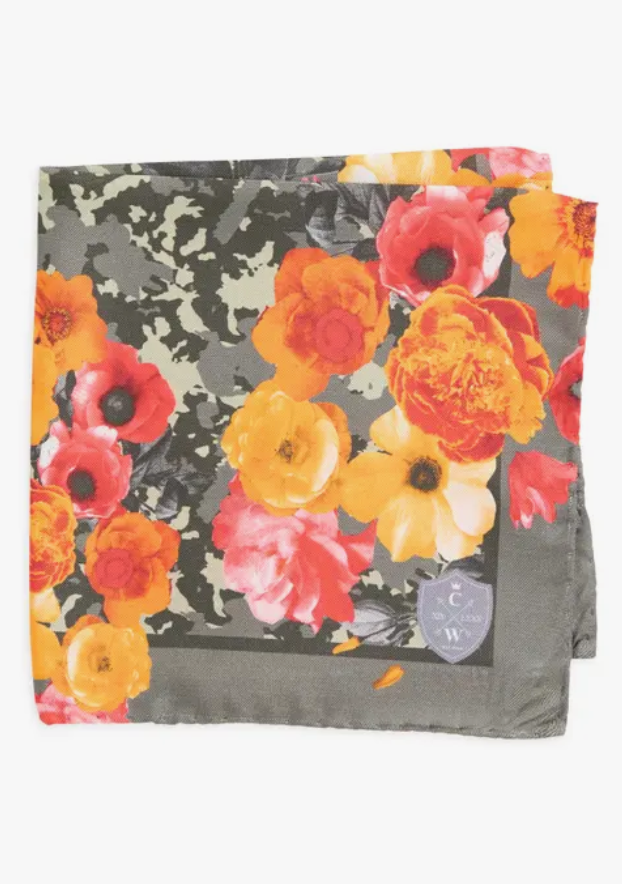 Orange and Gray Floral Silk Pocket Square