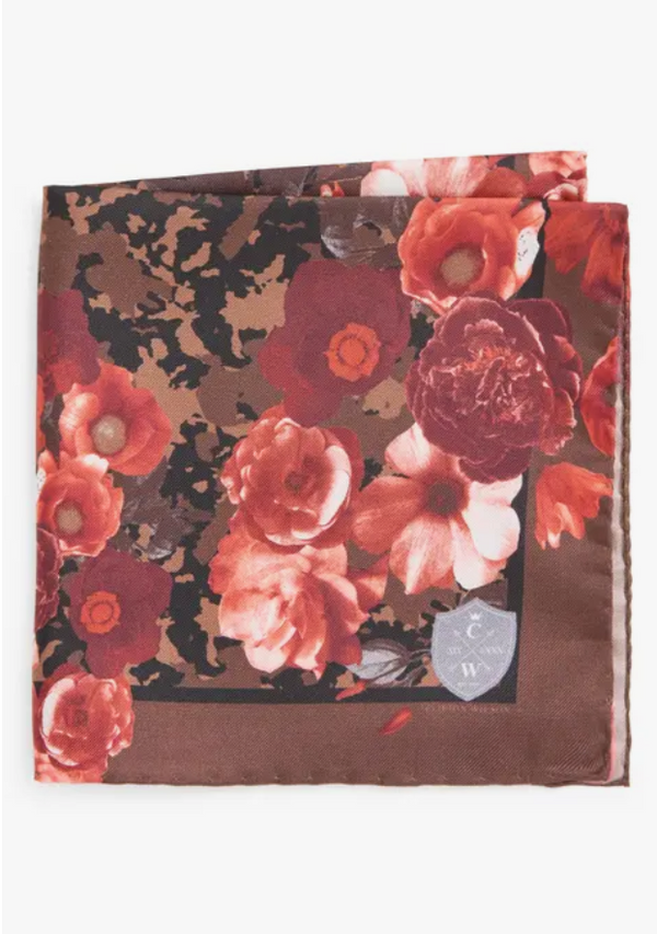 Red Brown Floral Silk Pocket Square