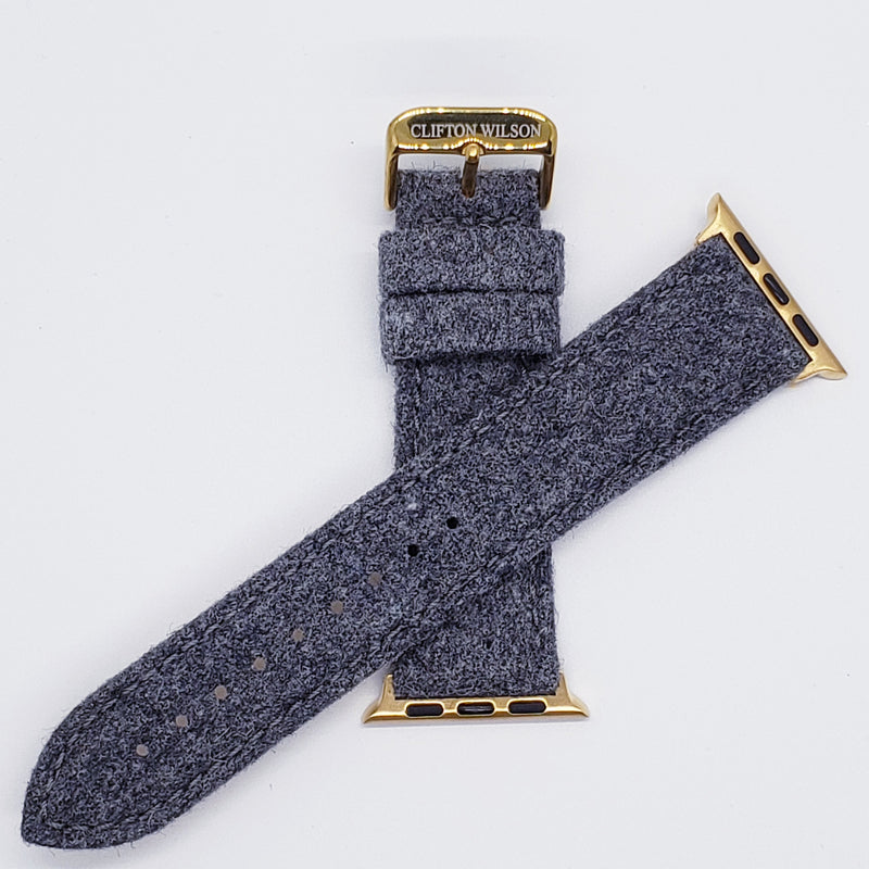 GREY WOOL APPLE WATCH BAND WITH GOLD CLIPS